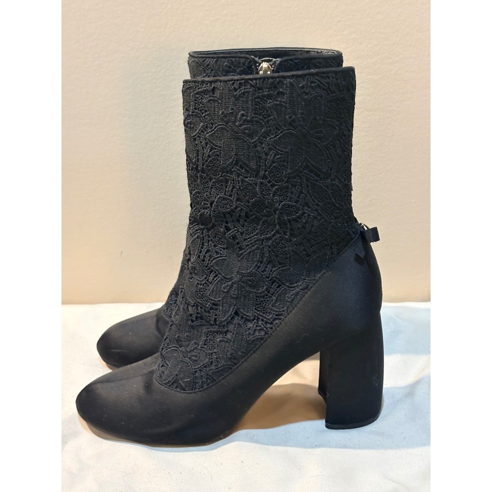 Nanette Lepore Black Satin Floral Lace Block Heel Ankle Boots Back Bow Detail 8M